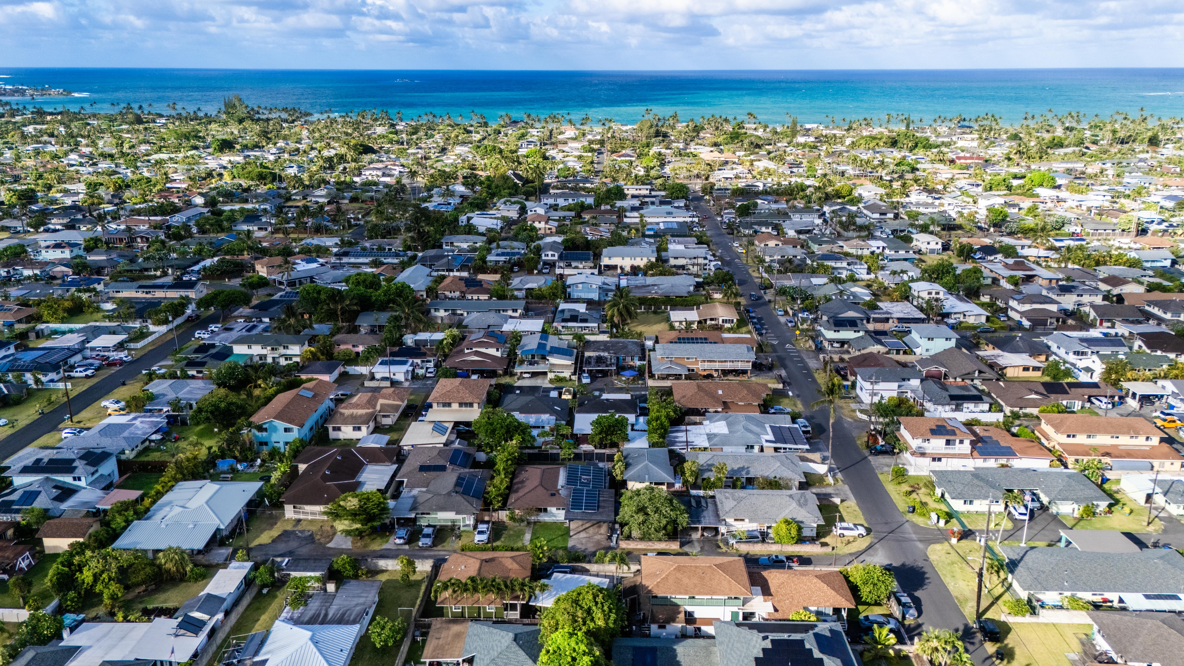 Aerial view of the Kailua neighborhood with ocean in the background
