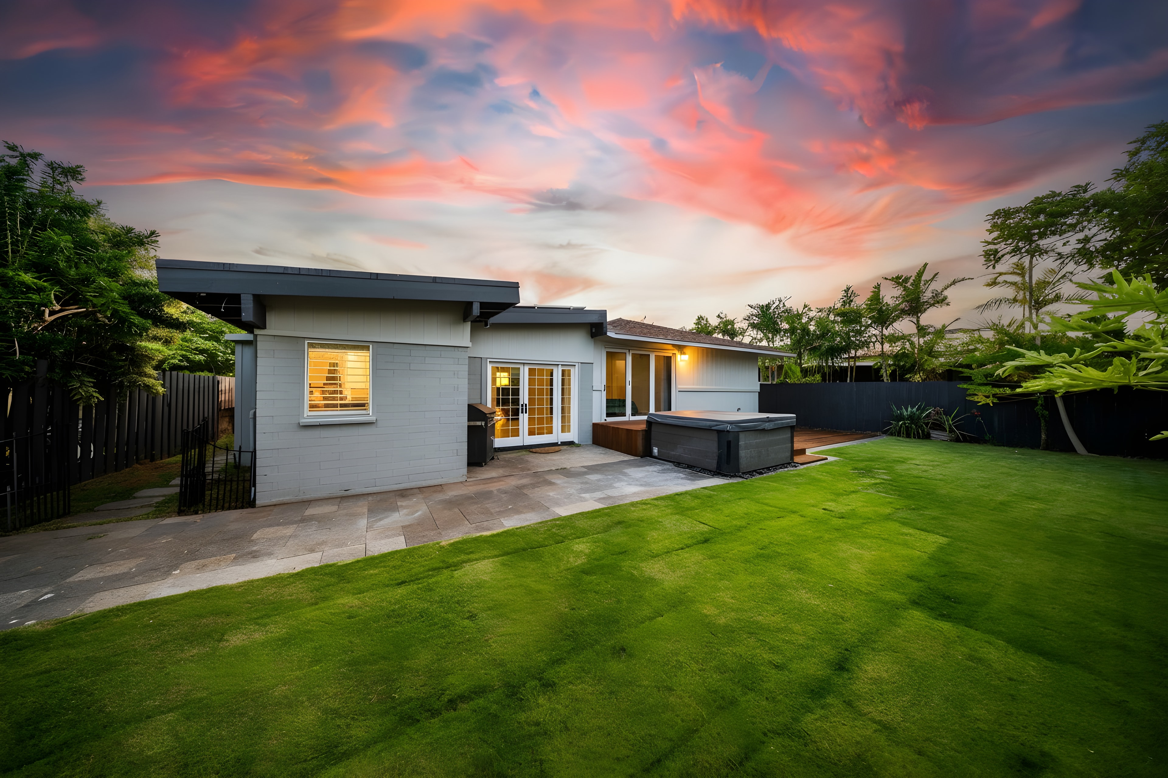 Backyard at sunset with dramatic pink and orange sky, wide lawn view