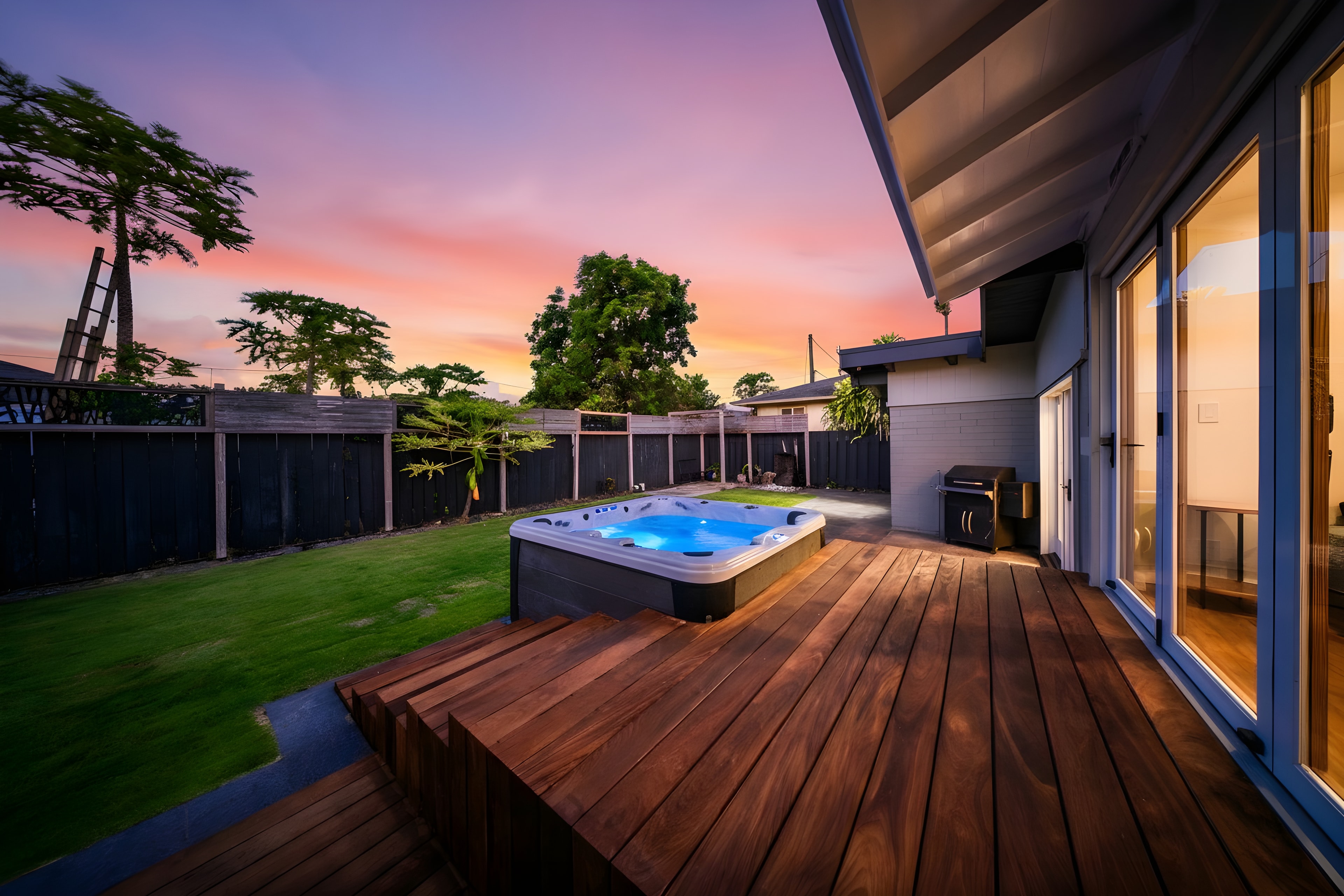 Hot tub at sunset with purple-pink sky
